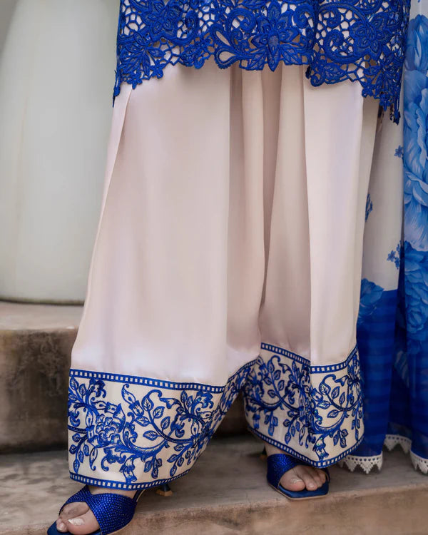 Dark Blue Embroidered Silk Farshi Shalwar Suit