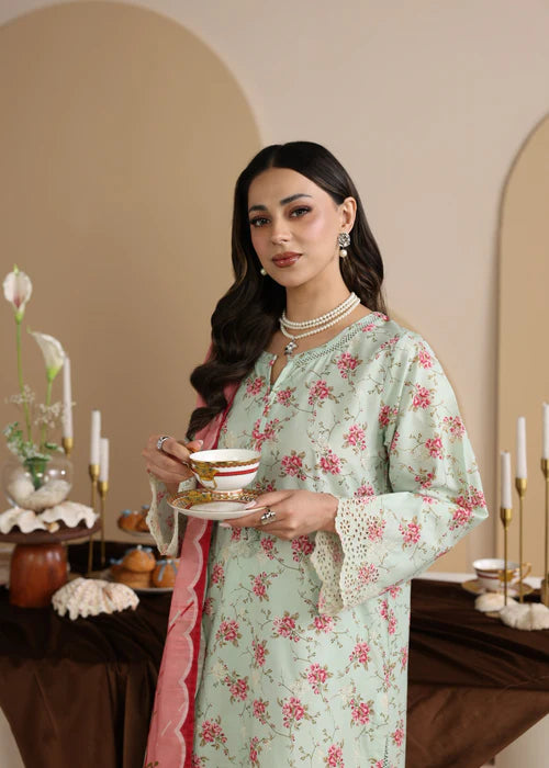 Tea Green Printed Chikankari Lawn Kurta Set with Dupatta