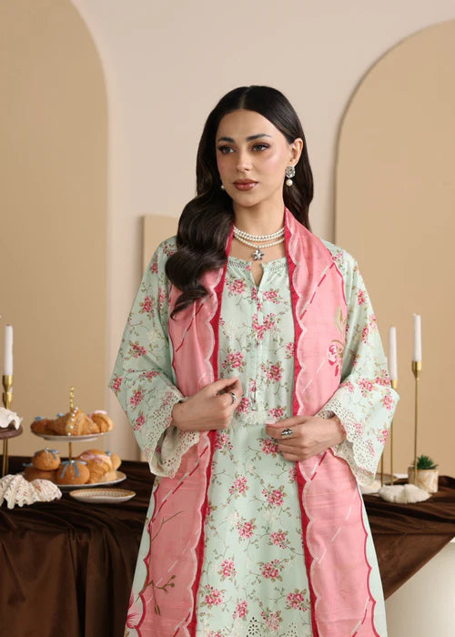 Tea Green Printed Chikankari Lawn Kurta Set with Dupatta