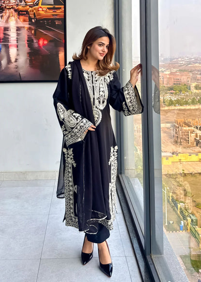 Black Embroidered Linen Kurta Set with Dupatta