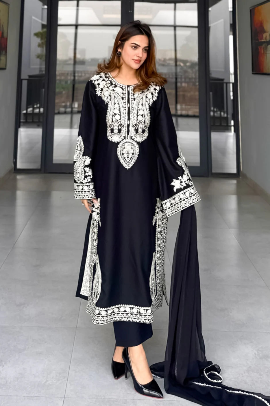 Black Embroidered Linen Kurta Set with Dupatta