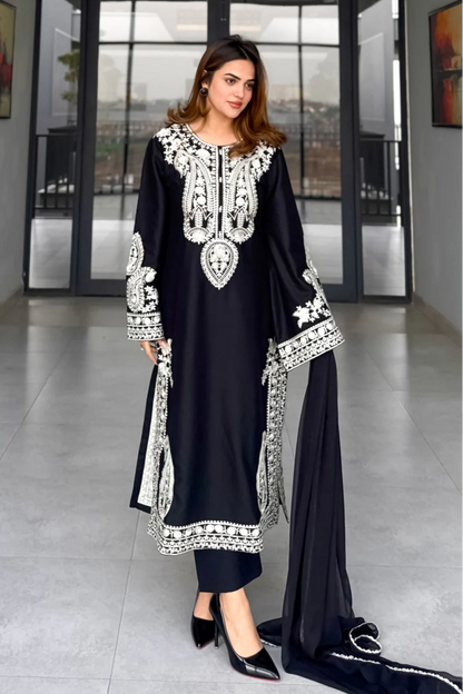 Black Embroidered Linen Kurta Set with Dupatta