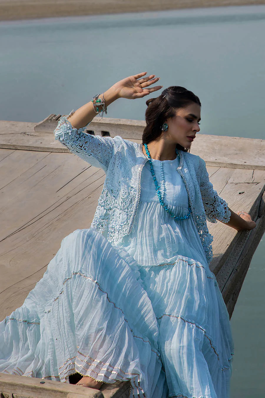 Sky Blue Crocheted Maxi with 3D & Gota Work