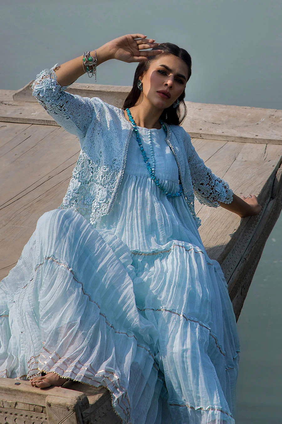 Sky Blue Crocheted Maxi with 3D & Gota Work