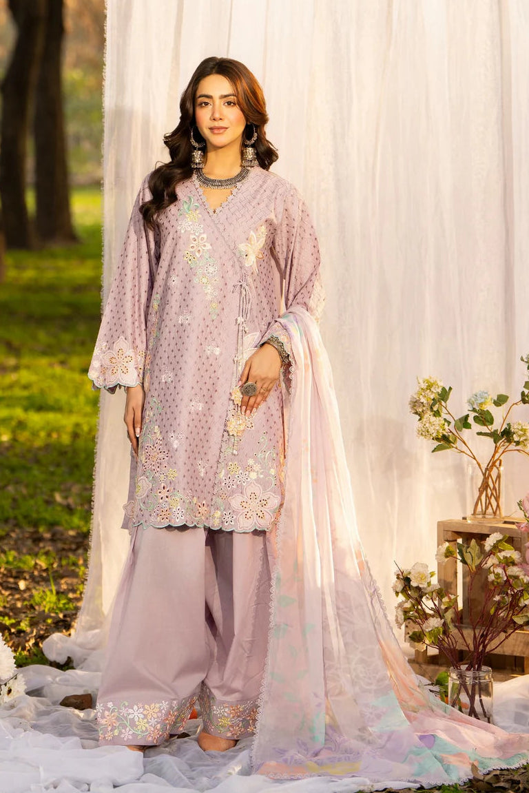 Mauve Pure Cotton Embroidered Suit with Cutwork Details