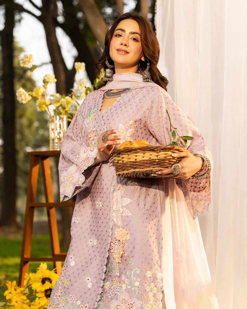 Mauve Pure Cotton Embroidered Suit with Cutwork Details