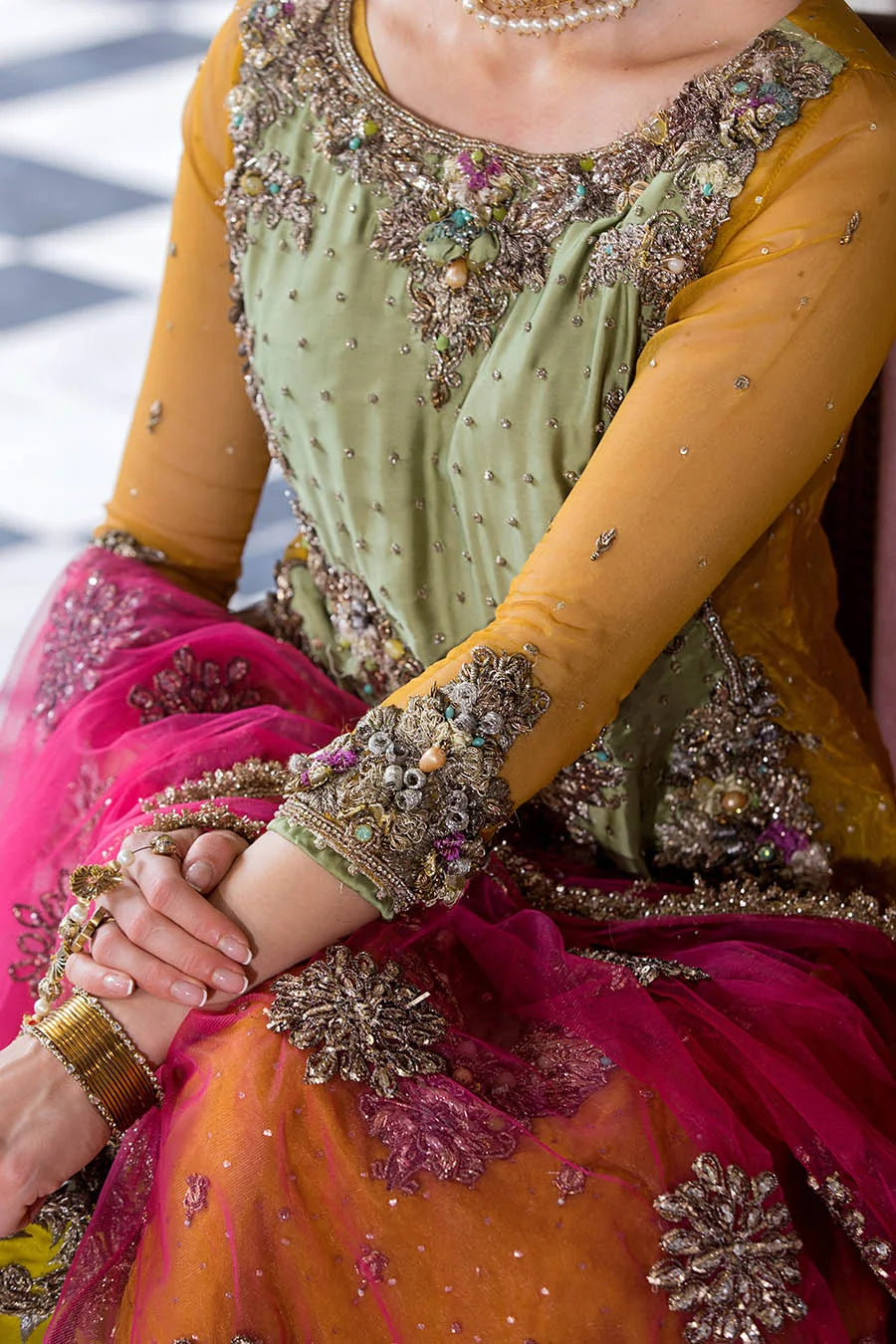 Hand Embroidered Mustard Yellow Pure organza Suit