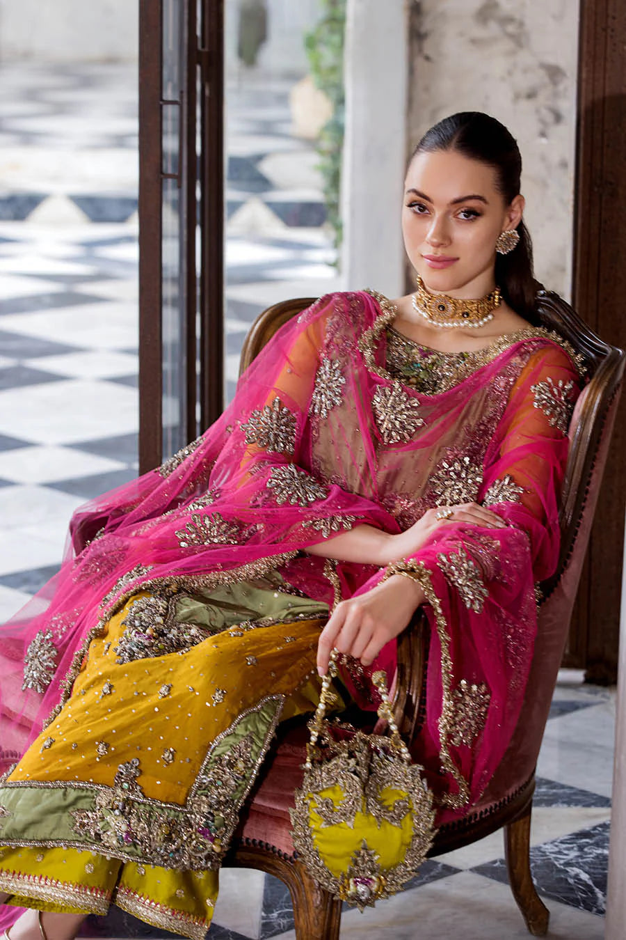 Hand Embroidered Mustard Yellow Pure organza Suit