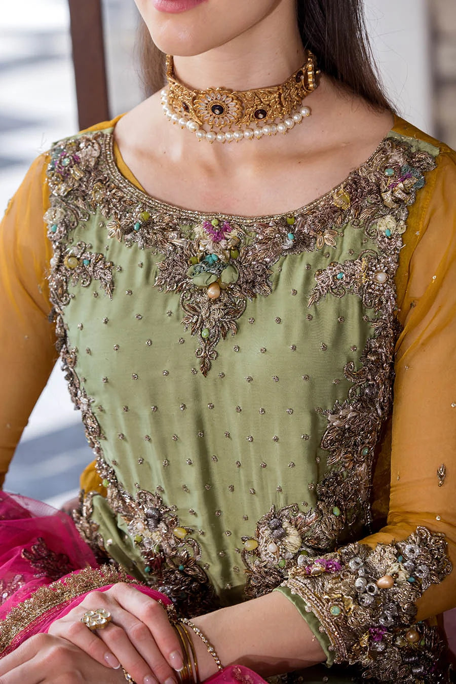 Hand Embroidered Mustard Yellow Pure organza Suit