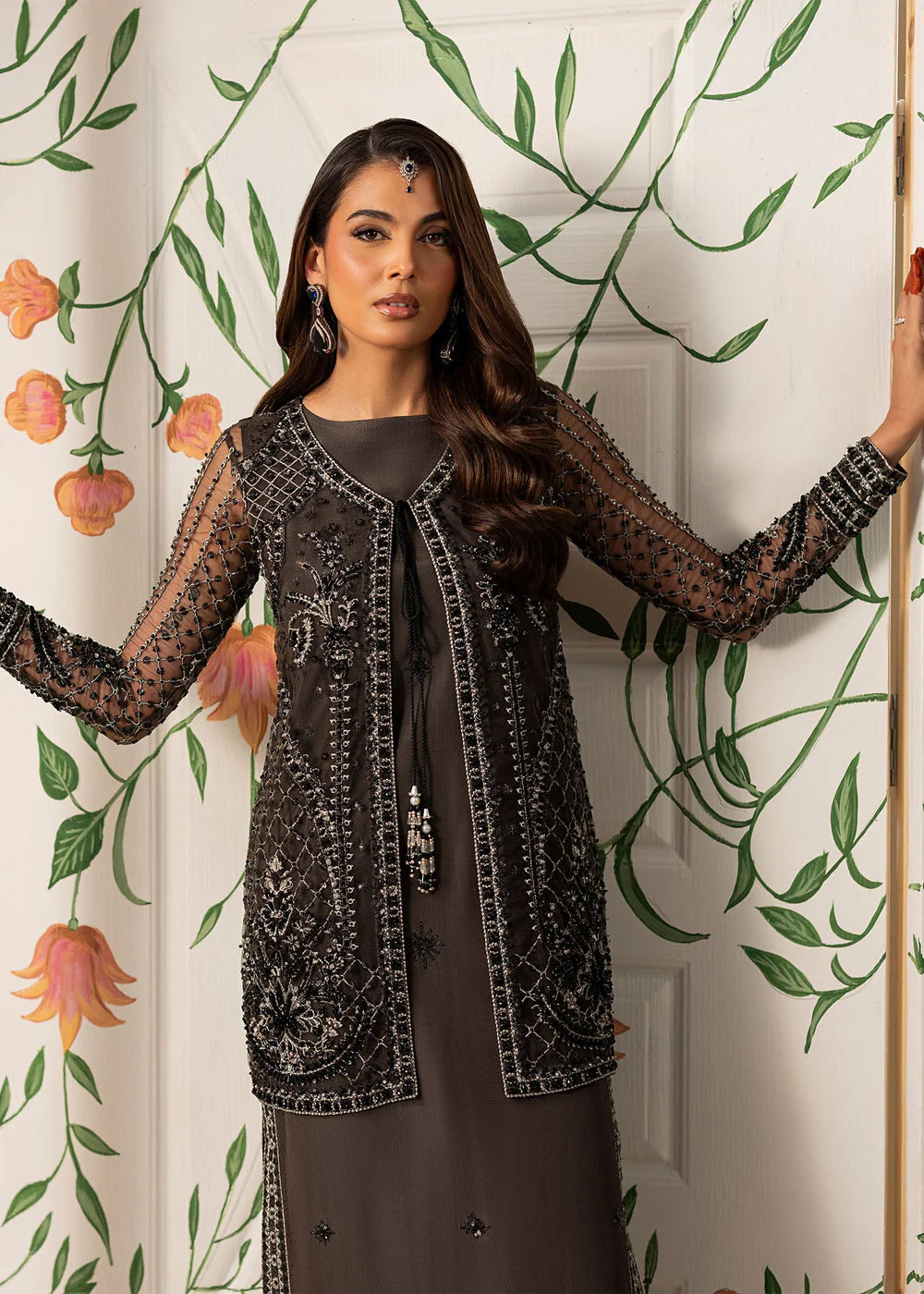 Hand Embellished Net Jacket Suit in Charcoal Black