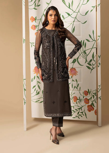 Hand Embellished Net Jacket Suit in Charcoal Black