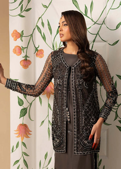Hand Embellished Net Jacket Suit in Charcoal Black