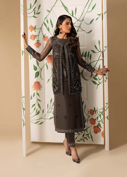 Hand Embellished Net Jacket Suit in Charcoal Black