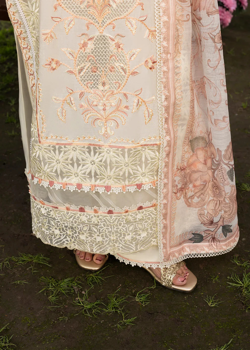 Ivory Lawn Suit with Schiffli Embroidery & Patchwork Details