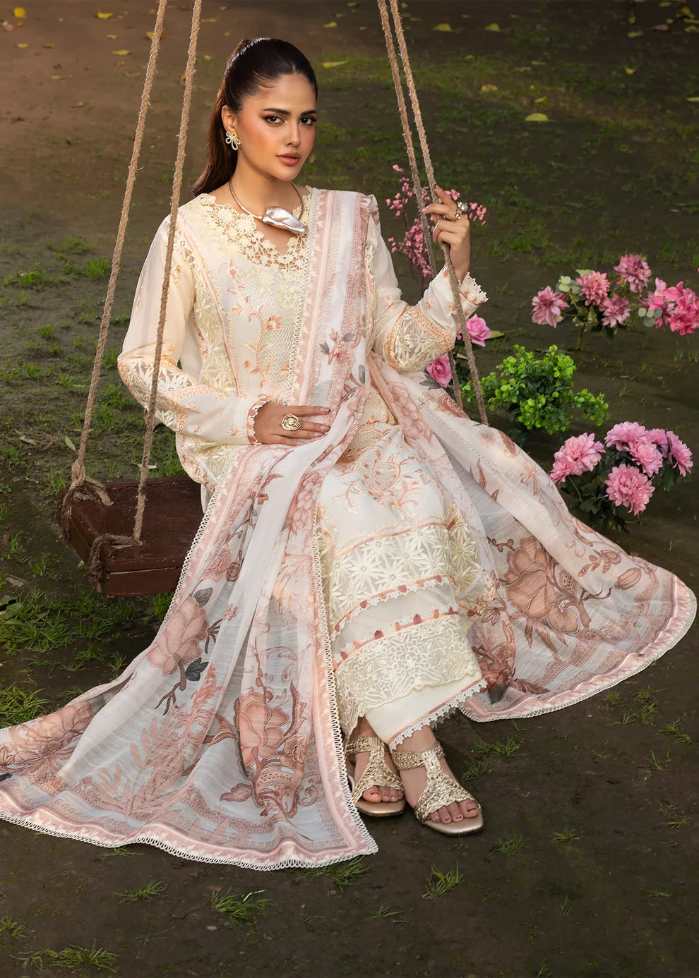 Ivory Lawn Suit with Schiffli Embroidery & Patchwork Details