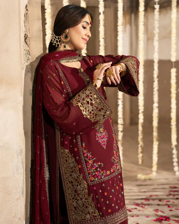 Maroon Georgette Farshi Shalwar Suit with Cutwork & 3D Work