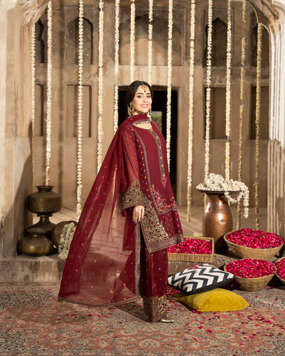Maroon Georgette Farshi Shalwar Suit with Cutwork & 3D Work