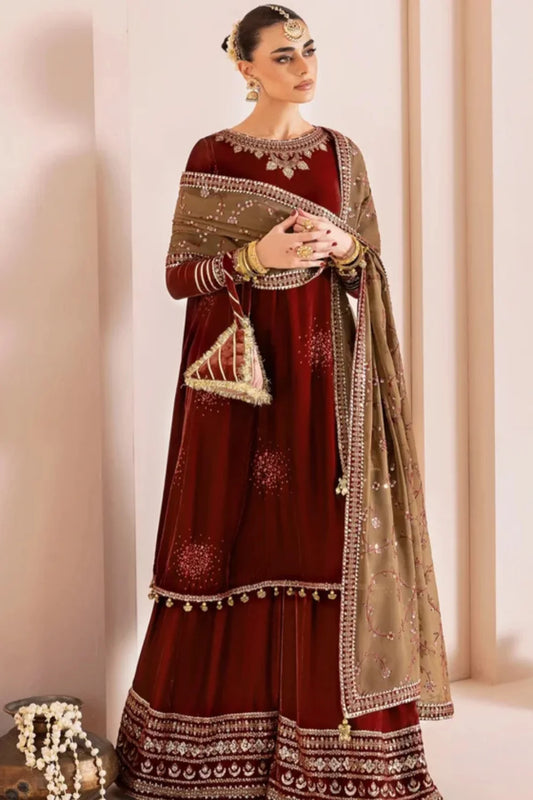 Maroon Sequins Embroidered Velvet Suit with Contrasting Dupatta