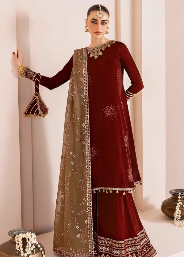 Maroon Sequins Embroidered Velvet Suit with Contrasting Dupatta