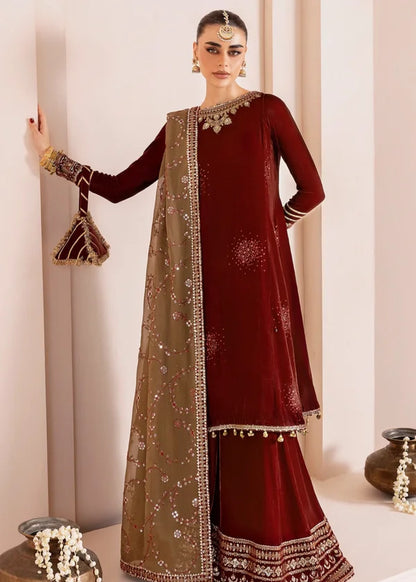 Maroon Sequins Embroidered Velvet Suit with Contrasting Dupatta