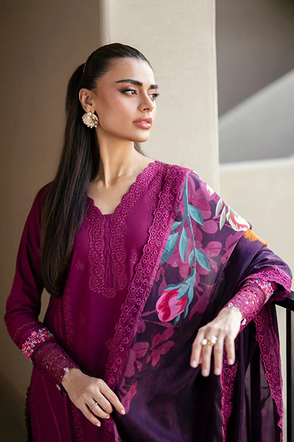 Magenta Heavy Embroidered Chikankari Lawn Suit