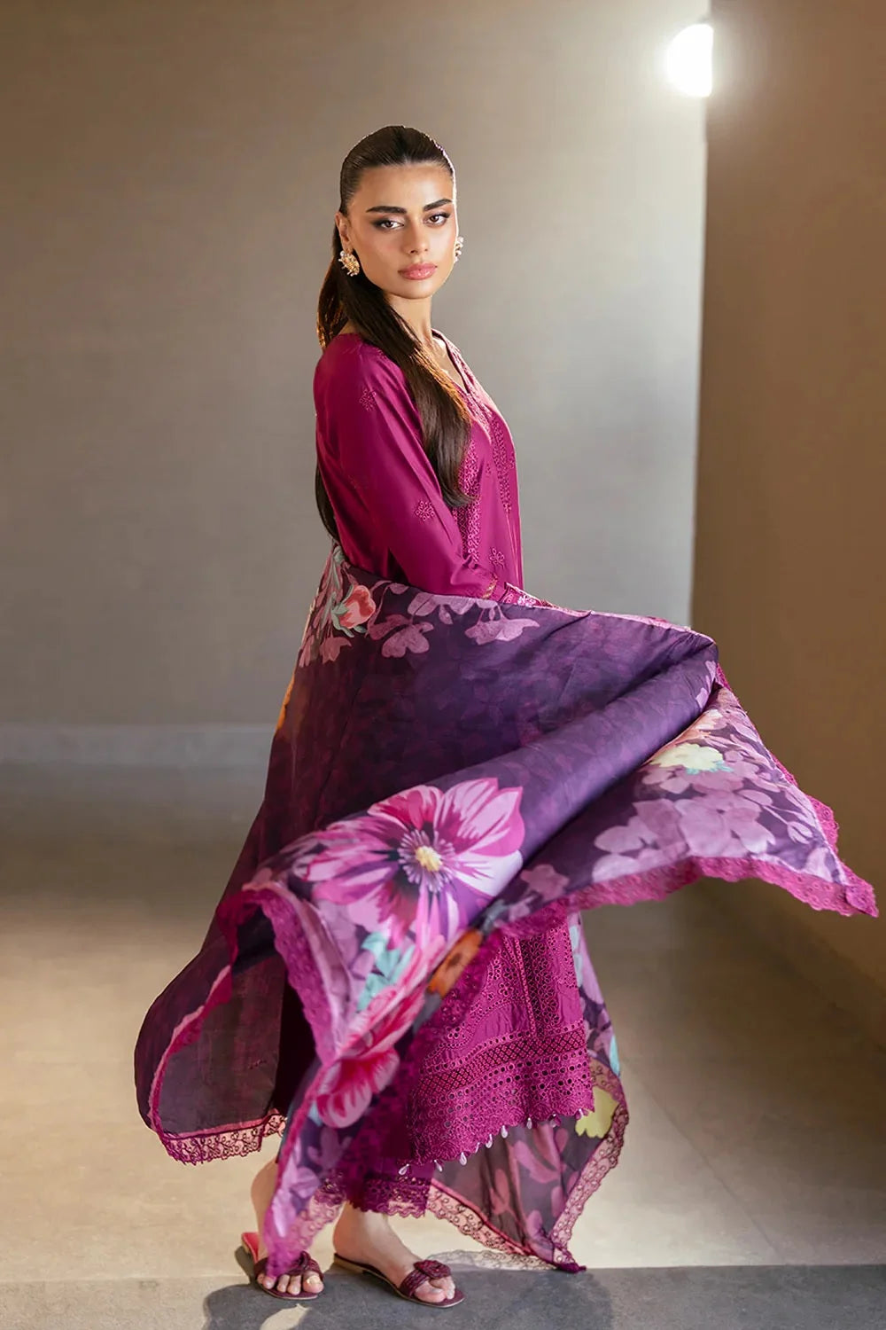 Magenta Heavy Embroidered Chikankari Lawn Suit