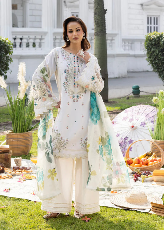 Ivory Lawn Suit with Short Shirt & Patchwork Embroidery