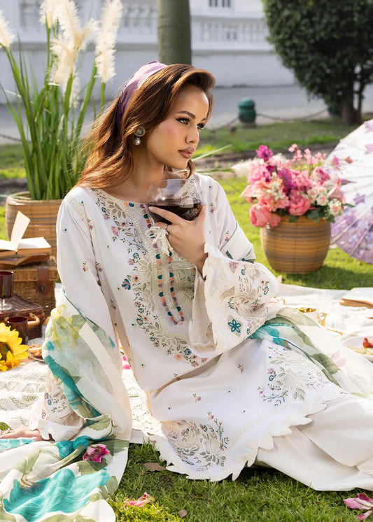 Ivory Lawn Suit with Short Shirt & Patchwork Embroidery