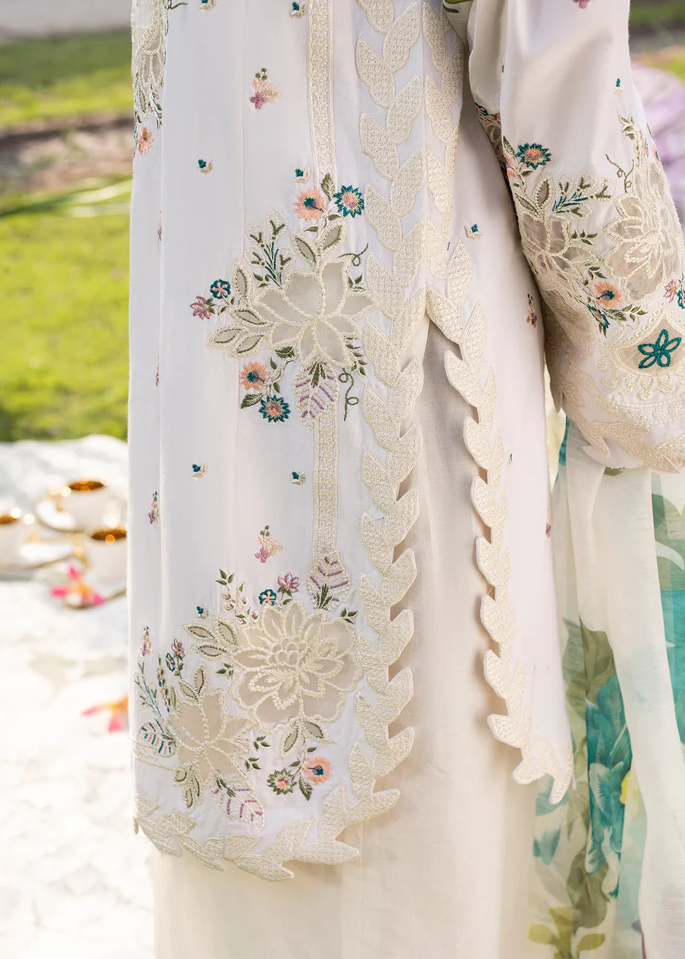 Ivory Lawn Suit with Short Shirt & Patchwork Embroidery