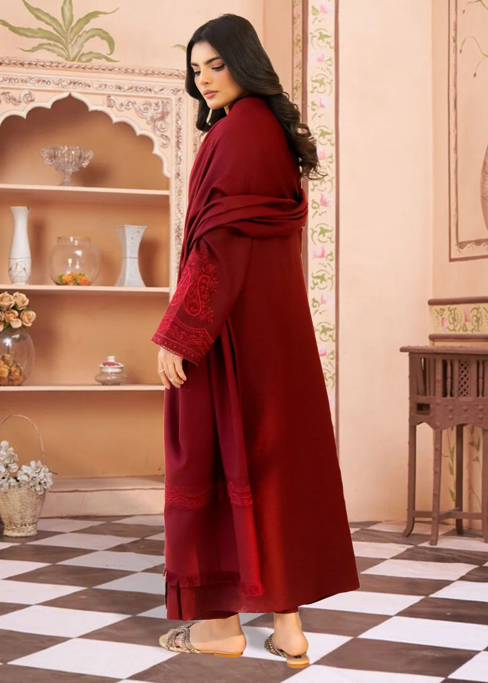 Maroon Embroidered Linen Kurta Set with Dupatta