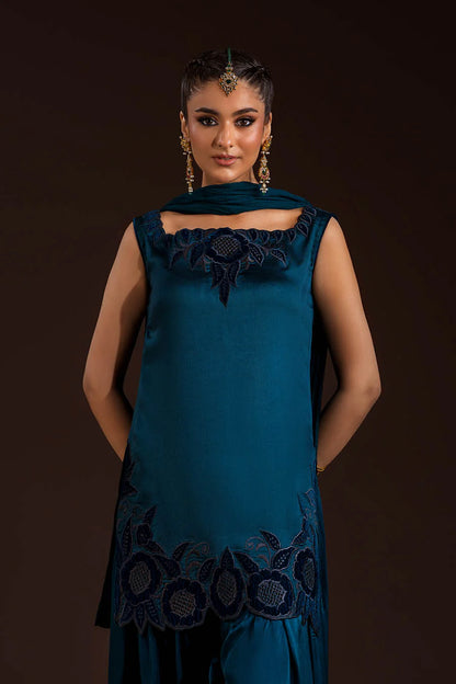 Glass Silk Partywear Suit with Velvet Details