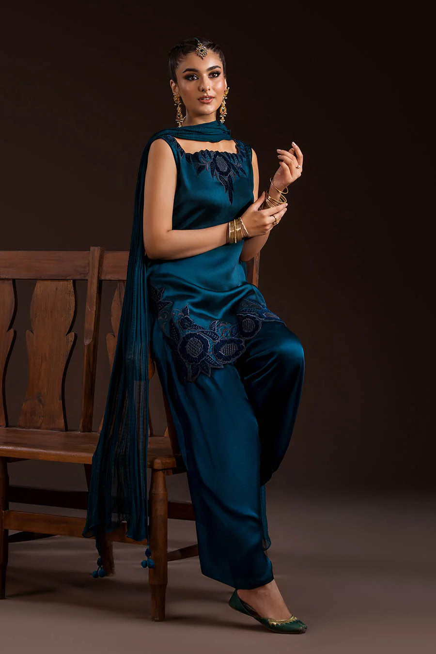 Glass Silk Partywear Suit with Velvet Details