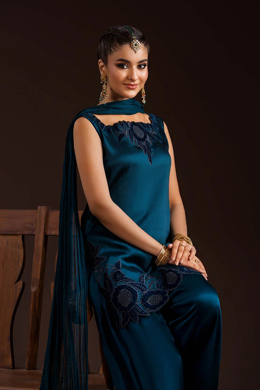 Glass Silk Partywear Suit with Velvet Details