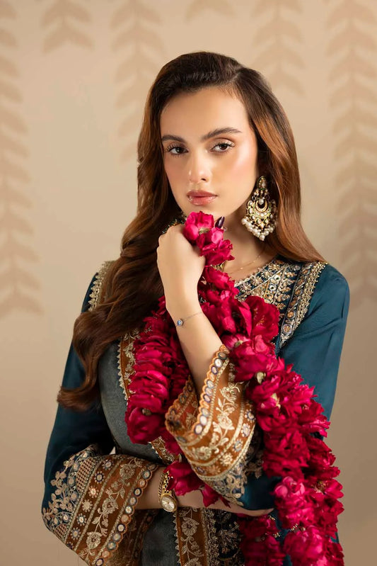 Elegant Saphire Embellished Raw Silk Partywear Suit