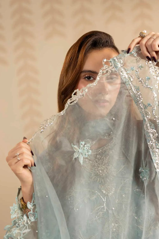 Ice Blue Embellished Raw Silk Suit