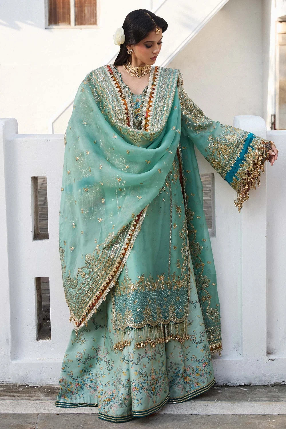 Turquoise Pure Organza Handmade Sharara
