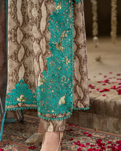 Turquoise Printed Georgette Long Suit with Sequins & 3D Work