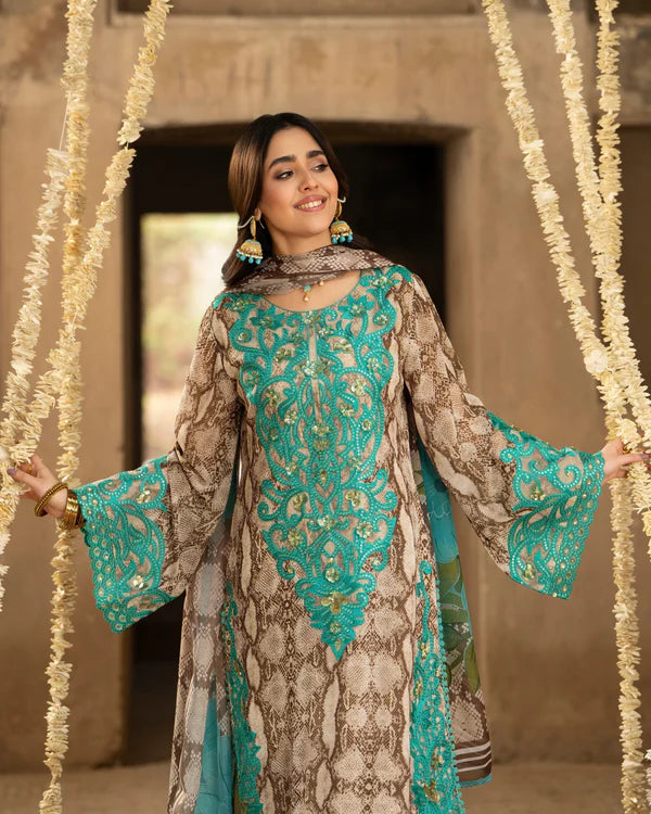 Turquoise Printed Georgette Long Suit with Sequins & 3D Work