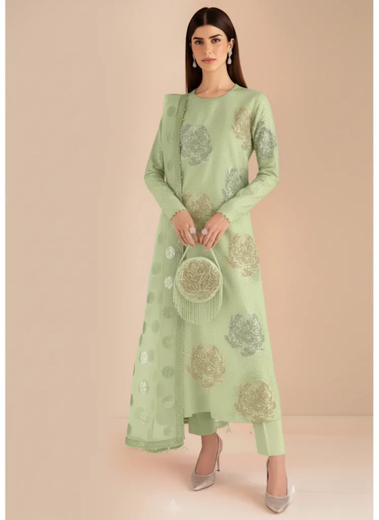 Raw Silk Sequins Embroidered Suit with Complementary Pouch