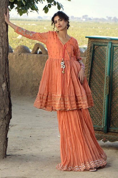 Peach Orange Paper Cotton Peplum Top with Gharara