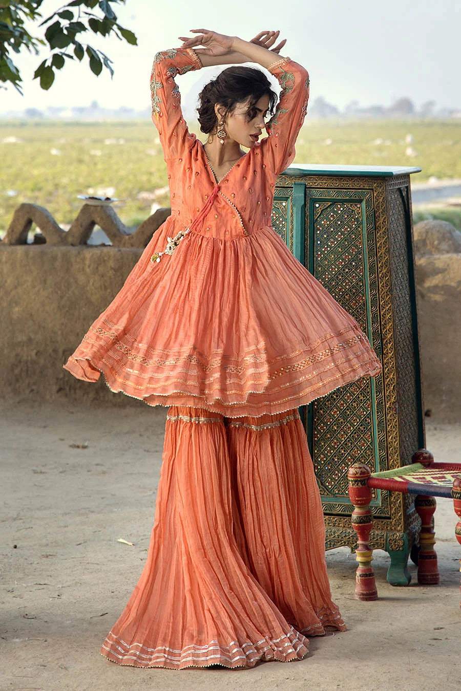 Peach Orange Paper Cotton Peplum Top with Gharara