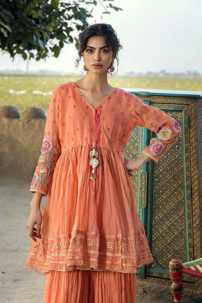 Peach Orange Paper Cotton Peplum Top with Gharara