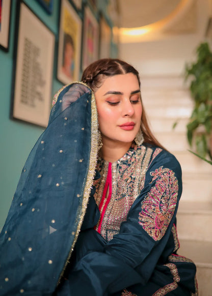 Blue Raw Silk Embroidered Elegant Suit with Long Kurta