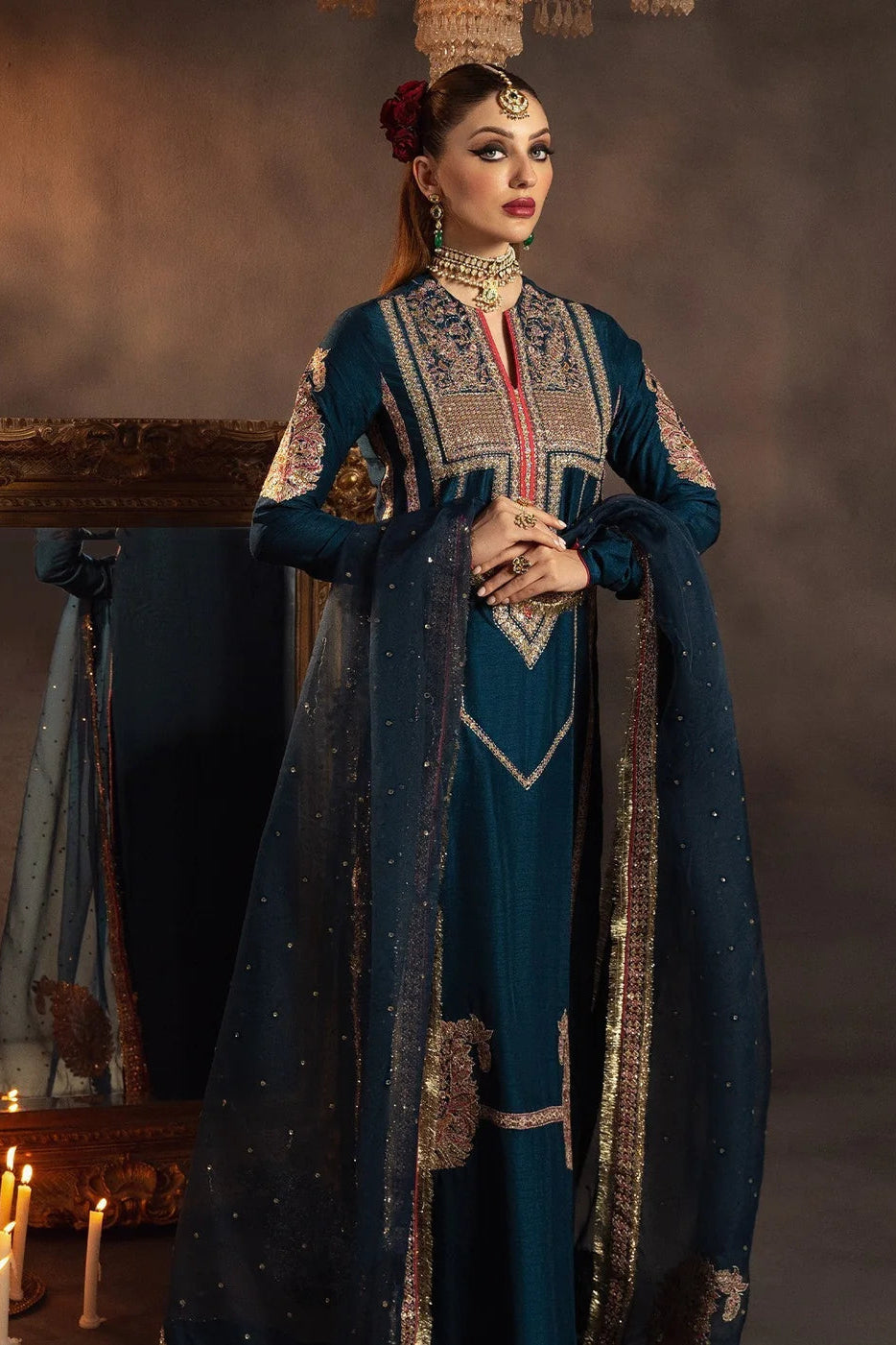 Blue Raw Silk Embroidered Elegant Suit with Long Kurta