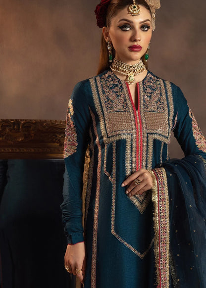 Blue Raw Silk Embroidered Elegant Suit with Long Kurta
