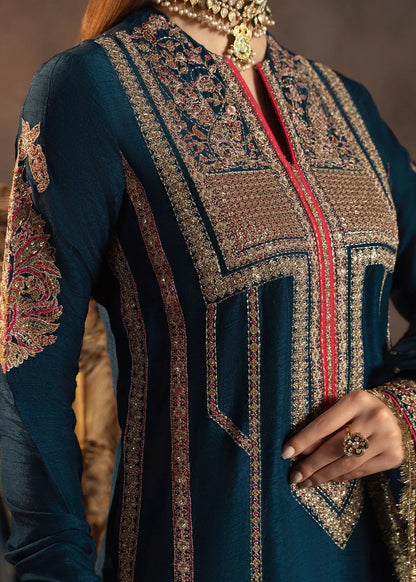 Blue Raw Silk Embroidered Elegant Suit with Long Kurta