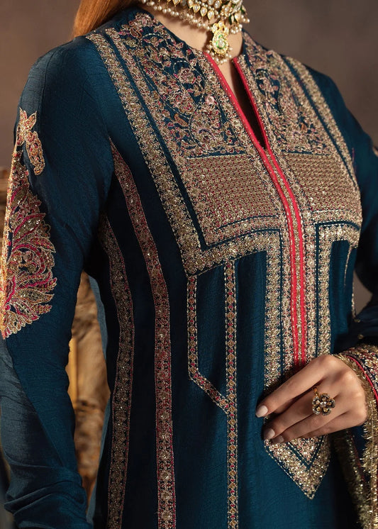 Blue Raw Silk Embroidered Elegant Suit with Long Shirt