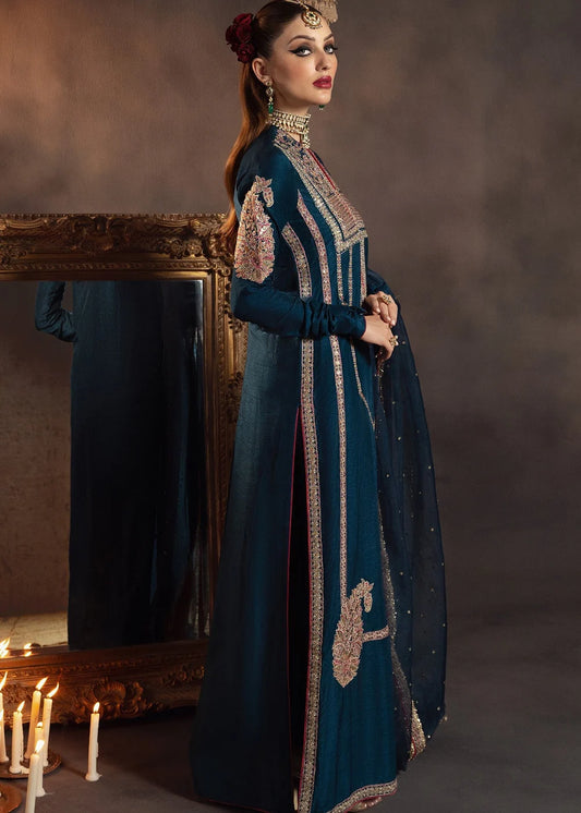 Blue Raw Silk Embroidered Elegant Suit with Long Shirt