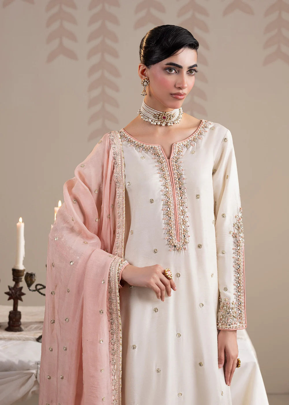 Ivory Hand Embellished Raw Silk Suit