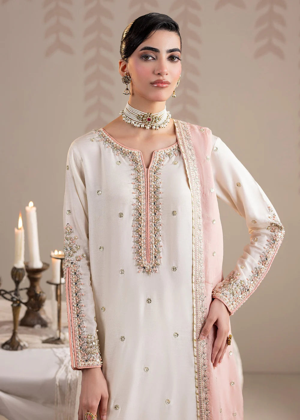 Ivory Hand Embellished Raw Silk Suit